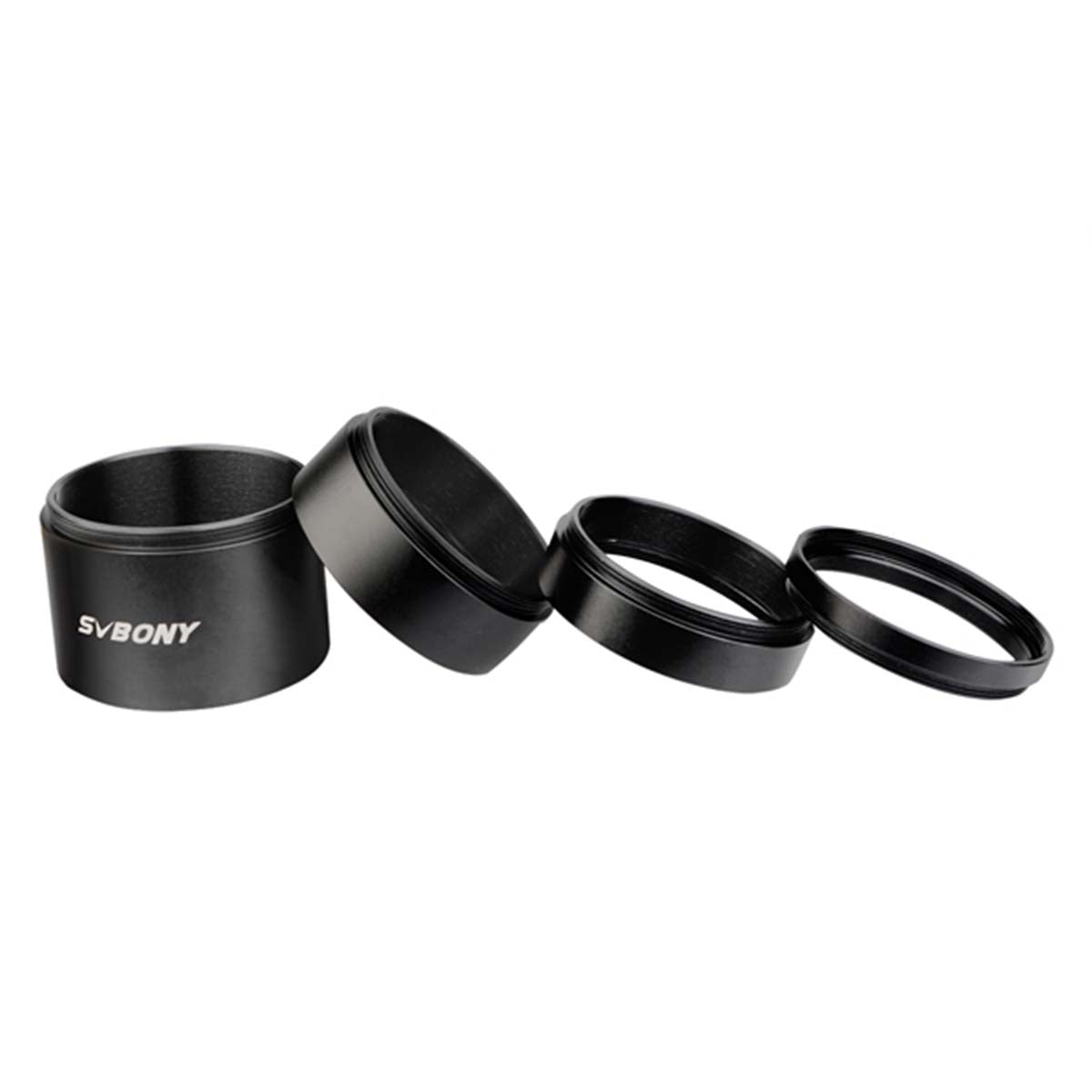 Four black lens rings with 'Svbony' branding on a white background