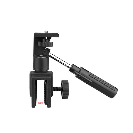 Black camera tripod with adjustable arm on a white background