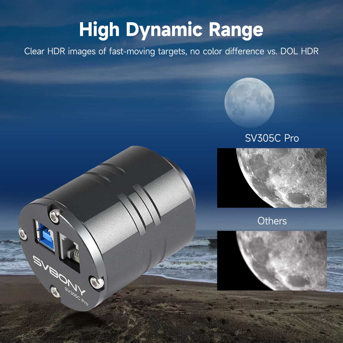 SVBONY camera lens with moon images showing high dynamic range capabilities against a night sky.