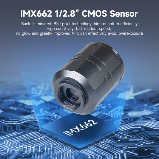 IMX662 CMOS sensor on a circuit board with technical text about its features.