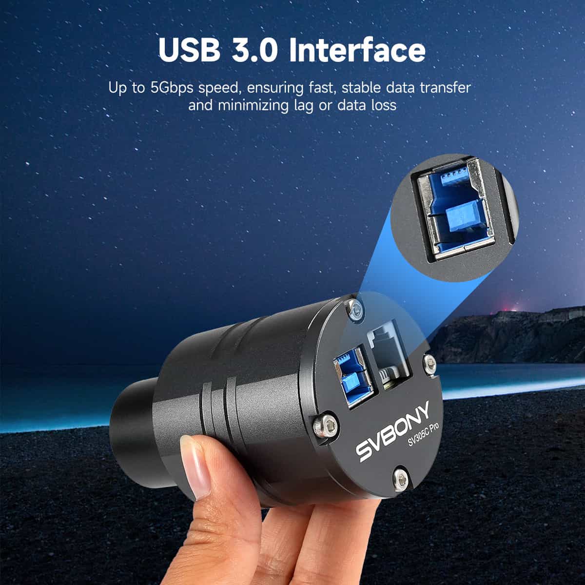 USB 3.0 interface with SYBOY branding held by a hand against a starry night sky background.