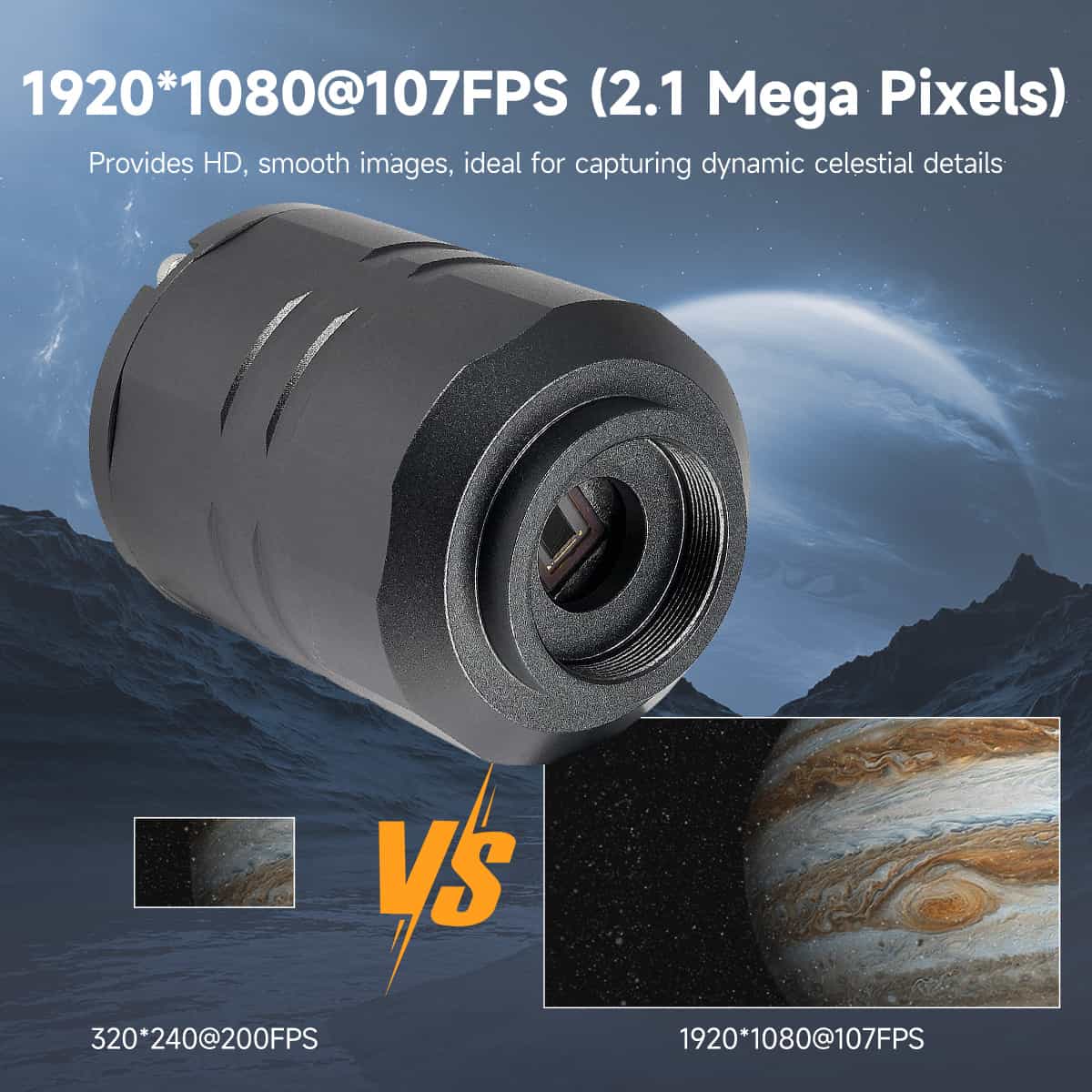 Camera lens with space-themed background and celestial imagery