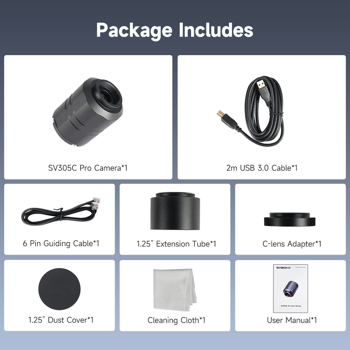List of items included in a camera package with corresponding images and labels.