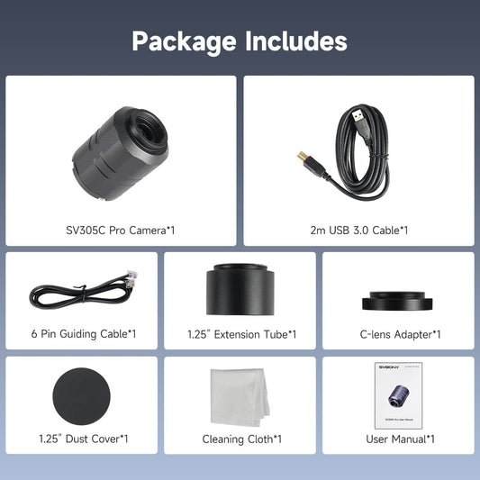 List of items included in a camera package with corresponding images and labels.