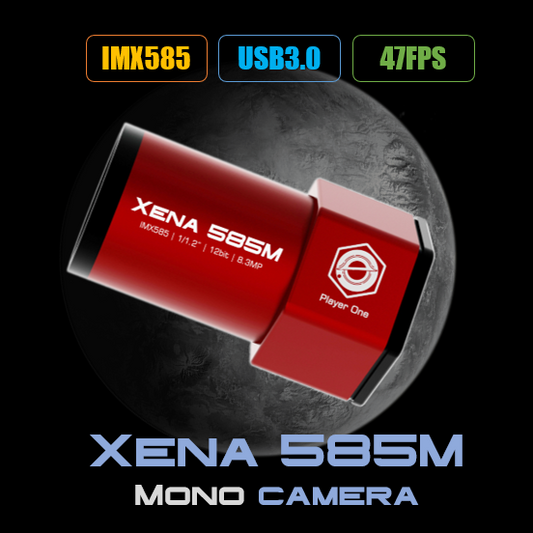 Red XENA 585M mono camera with specifications on a dark background