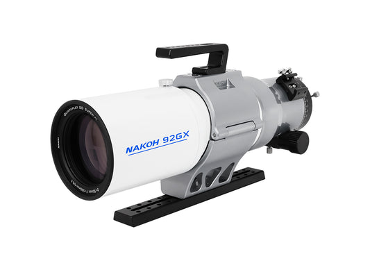 Front three-quarter view of the NAKOH 92GX 92mm Quintuplet Petzval APO Astrograph Telescope showing the objective lens, retractable dew shield, CNC tube rings and precision focuser.