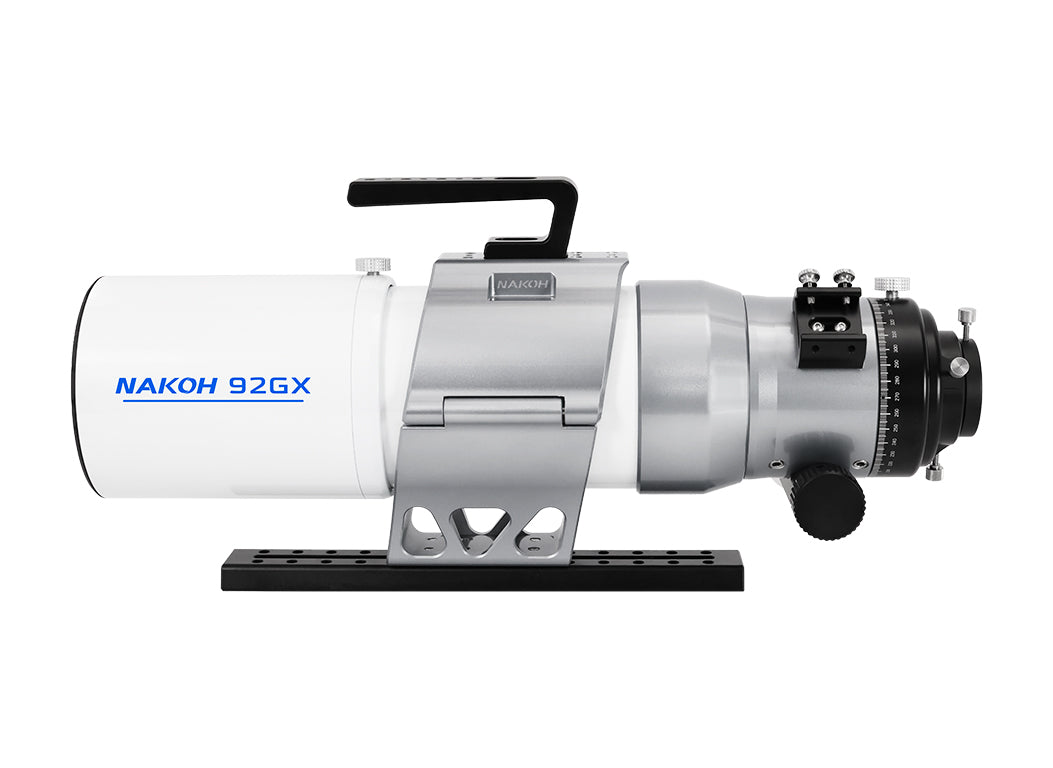 Right-side profile of the NAKOH 92GX 92mm Quintuplet Petzval APO Astrograph Telescope showing the precision focuser, CNC tube assembly and integrated carry handle.