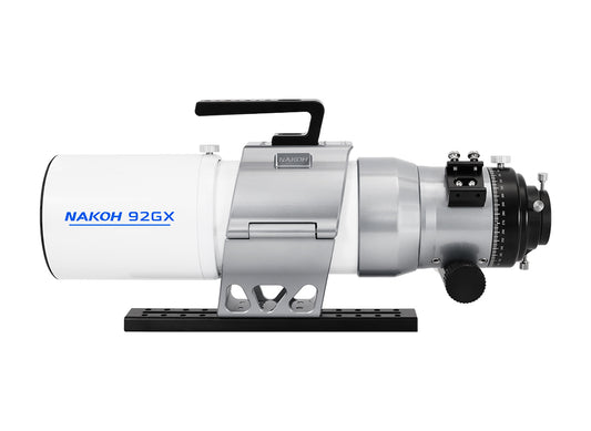 Right-side profile of the NAKOH 92GX 92mm Quintuplet Petzval APO Astrograph Telescope showing the precision focuser, CNC tube assembly and integrated carry handle.