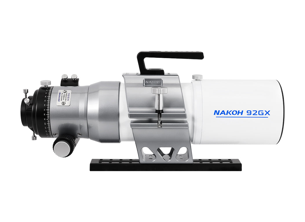 Side profile of the NAKOH 92GX 92mm Quintuplet Petzval APO Astrograph Telescope showing the 3.2-inch dual-speed focuser, CNC tube rings and retractable dew shield.