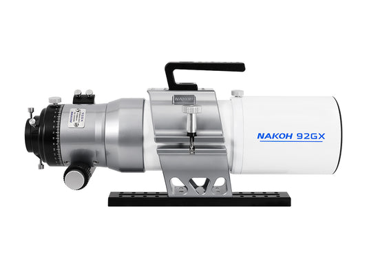 Side profile of the NAKOH 92GX 92mm Quintuplet Petzval APO Astrograph Telescope showing the 3.2-inch dual-speed focuser, CNC tube rings and retractable dew shield.