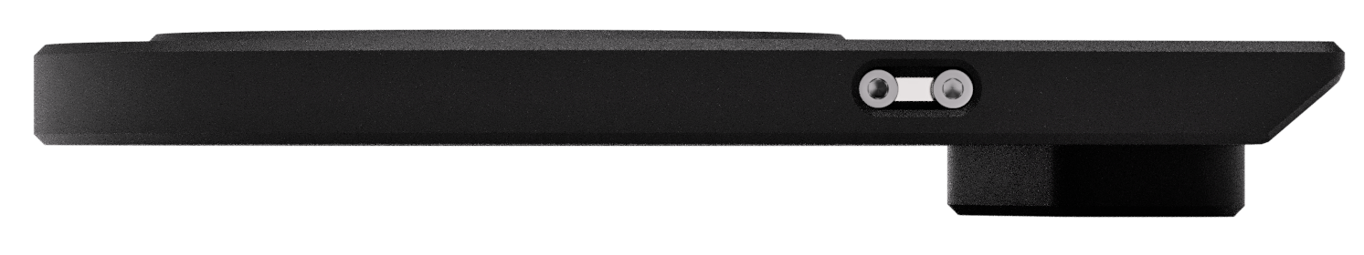 Side profile of the Pegasus Astro Falcon Rotator v2 showing the flat mounting plate and dual screw ports against a transparent background