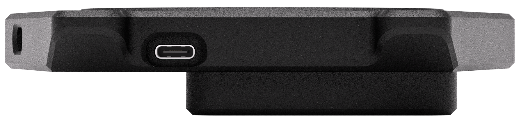 Side view of the Pegasus Astro Falcon Rotator v2 showing the USB-C port on a black metal housing with a transparent background