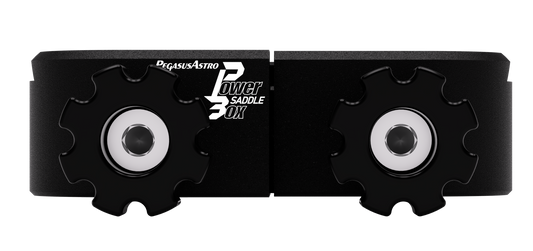 Front view of the Pegasus Astro Powerbox Saddle with dual locking knobs and branding
