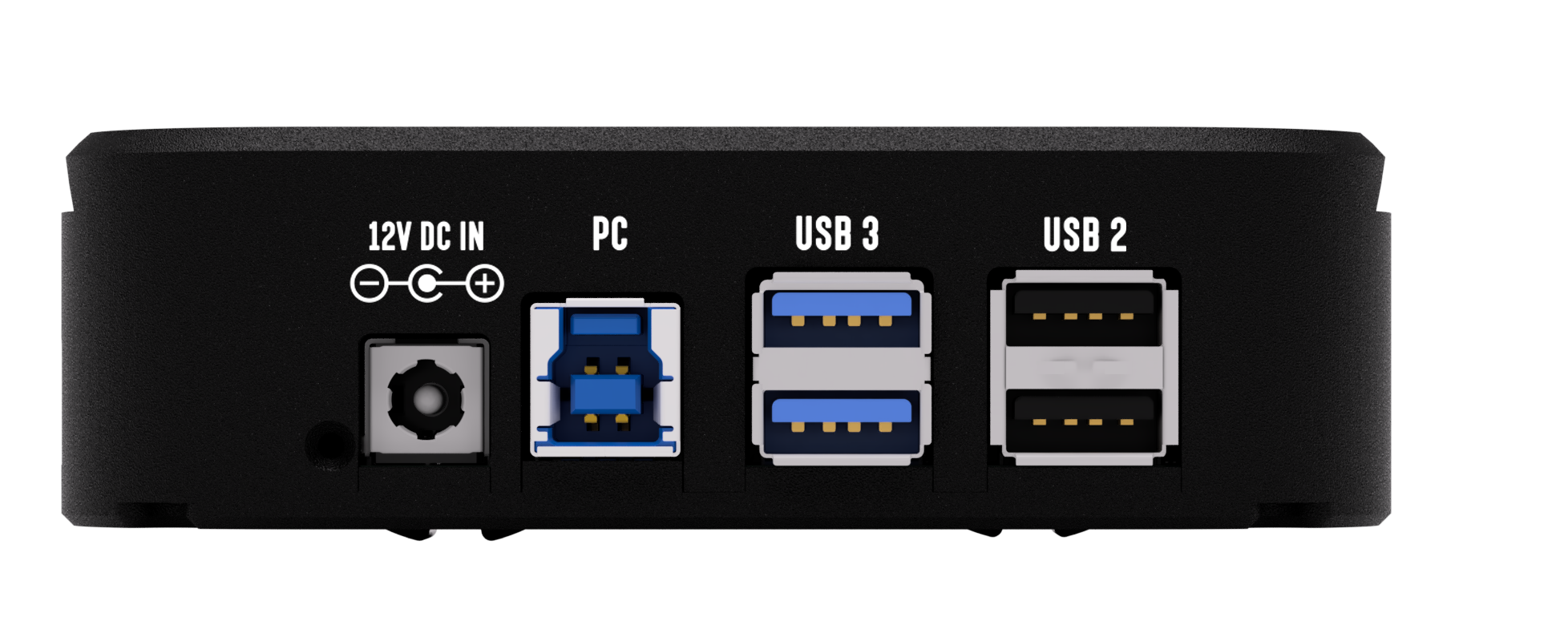 Rear panel of the Pegasus Astro Powerbox Saddle showing 12V DC input, PC port, USB 3 ports and USB 2 ports
