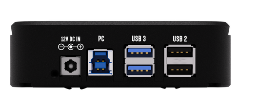 Rear port panel of the Pegasus Astro Powerbox showing 12V DC input, PC port, USB 3 ports and USB 2 ports
