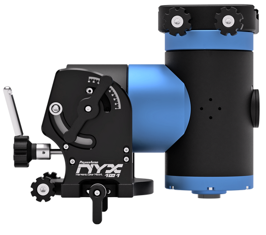 Side view of the Pegasus NYX-101 harmonic mount showing the strain-wave drive housing, declination assembly, and adjustment controls.