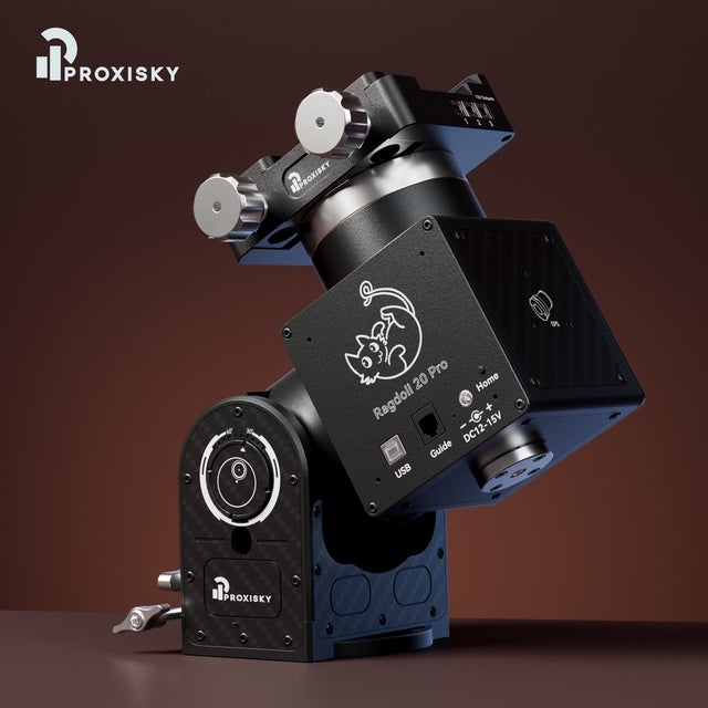 Proxisky robotic equatorial telescope mount shown from rear angle for astrophotography and precision tracking