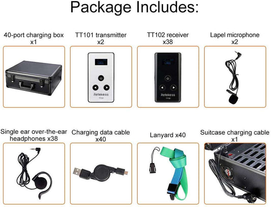 Retekess TT101/TT102 Wireless Tour Guide System Long Standby Time with 40 Slot Charging Case