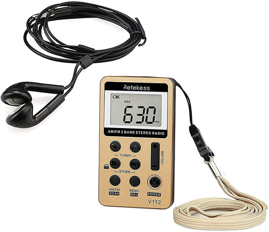 Retekess V112 Pocket Radio with Earphones, AM FM Radio Mini Receiver with Sleep Timer USB Rechargeable Battery