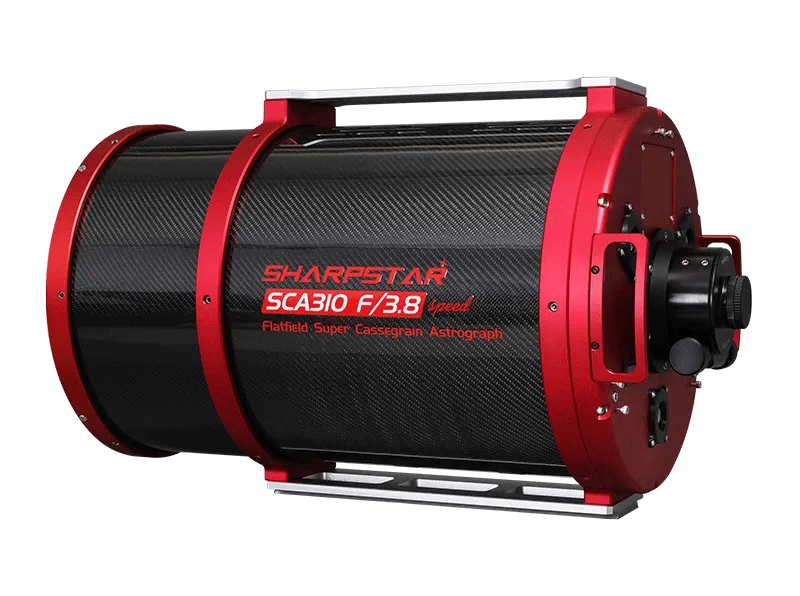 Rear view of the SCA310 f/3.8 Cassegrain astrograph showing focuser and rear housing
