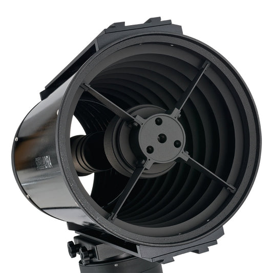 Front of StellaLyra 10-inch metal-tube Ritchey-Chretien showing secondary support and internal baffles