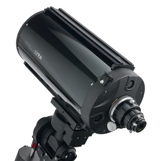 Rear and side of StellaLyra 10-inch metal-tube RC with focuser and cooling vents; mount not included