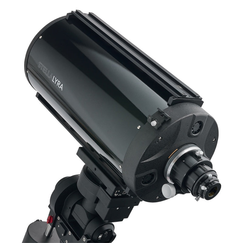 Rear and side of StellaLyra 10-inch metal-tube RC with focuser and cooling vents; mount not included