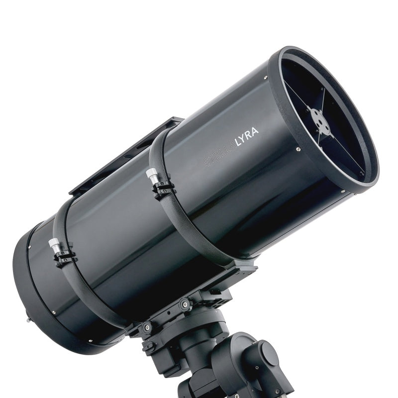 Side view of StellaLyra 12-inch metal-tube RC showing tube rings and mounting rails; mount not included