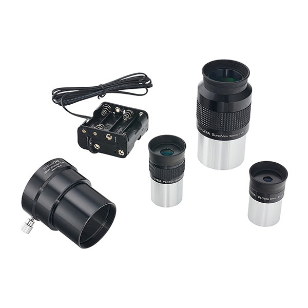 Included 30mm, 15mm and 9mm eyepieces, focus extension and battery holder