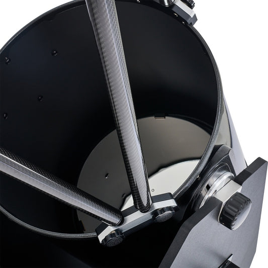 Carbon-fibre truss poles and lower mirror box of the StellaLyra 16-inch Dobsonian