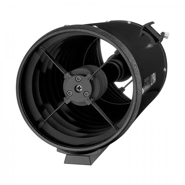 Front of StellaLyra 6-inch Classical Cassegrain showing secondary support and internal baffles