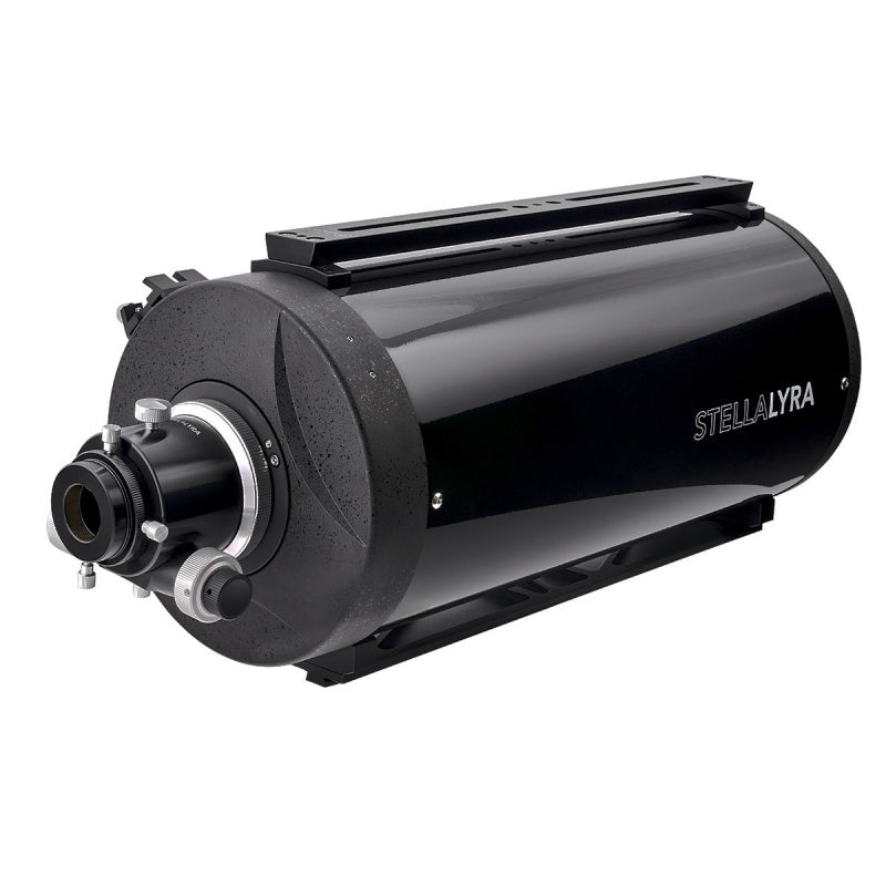 Rear view of StellaLyra 8-inch Classical Cassegrain with upper accessory rail and focuser