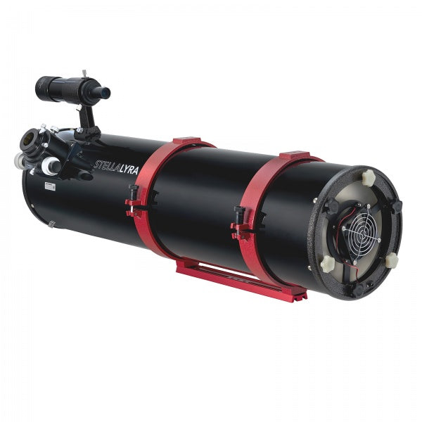 StellaLyra 8-inch f/5 Newtonian with red tube rings and mounting rail