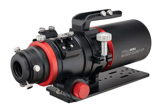 Black and red telescope component with 'Stellamira' branding on a white background