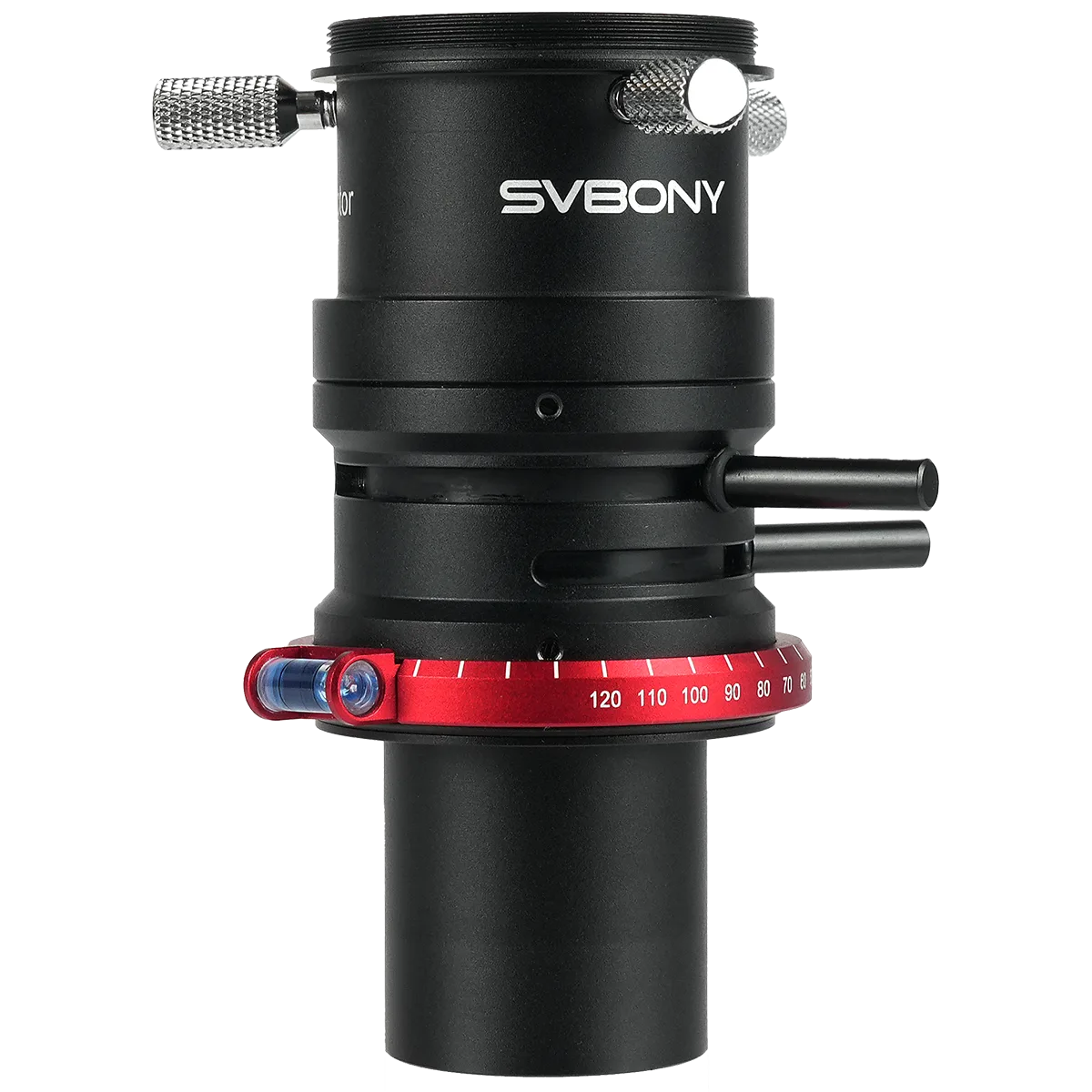 Black SVBONY telescope lens with red scale on a white background