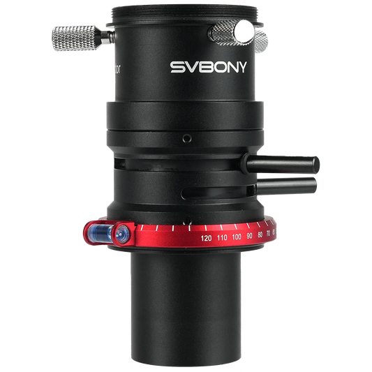 Black SVBONY telescope lens with red scale on a white background