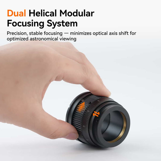 Hand adjusting SVBONY SV238 Off-Axis Guider dual helical modular focusing system for precise astronomical guiding on white background