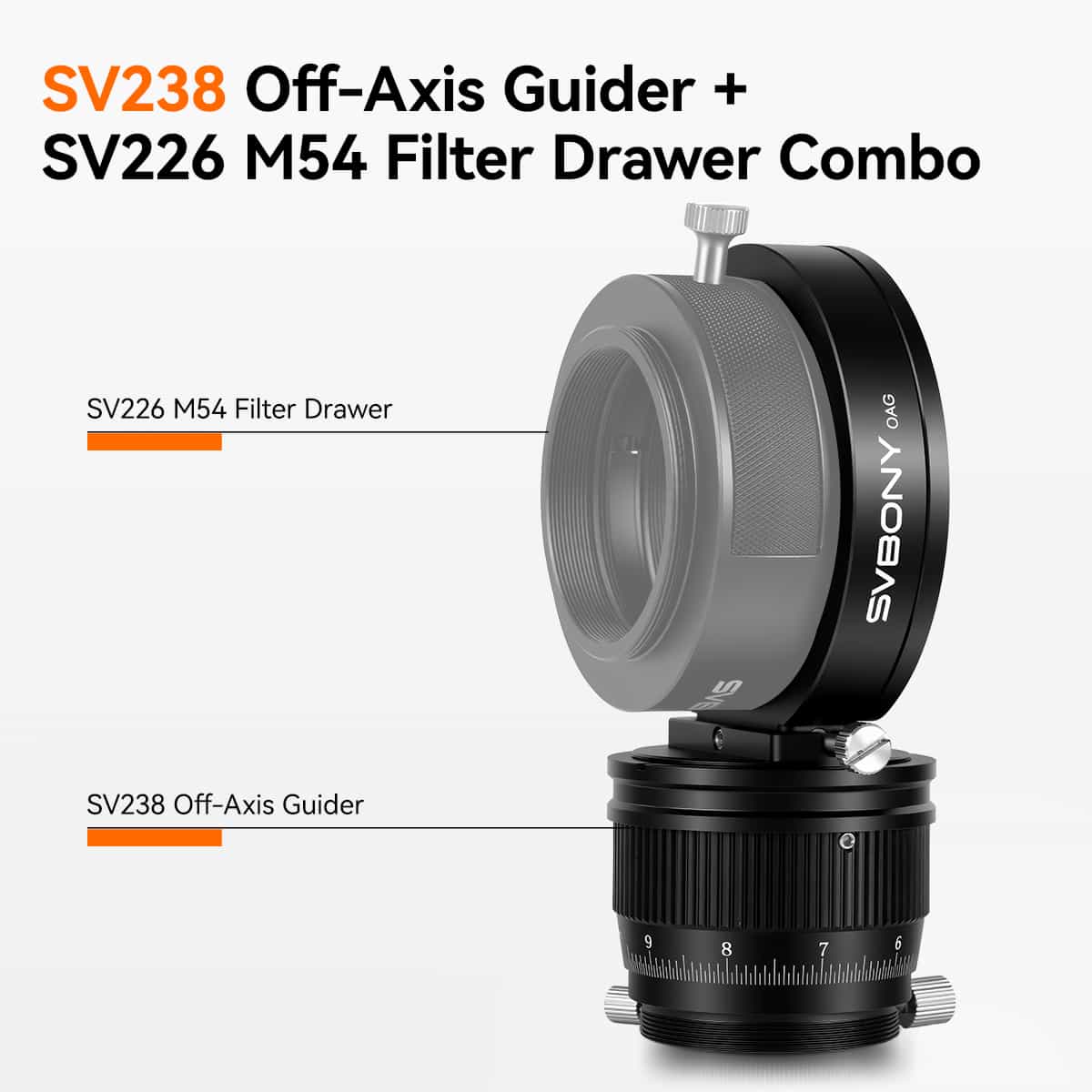 SVBONY SV238 Off-Axis Guider paired with SV226 M54 Filter Drawer combo showing labeled components on a white background
