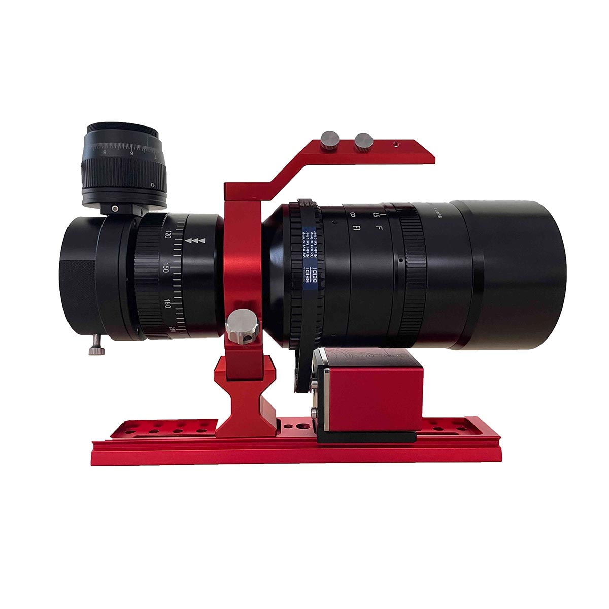 SVBONY SV238 Off-Axis Guider installed in full telescope imaging setup with red metal mounting rail and guide camera