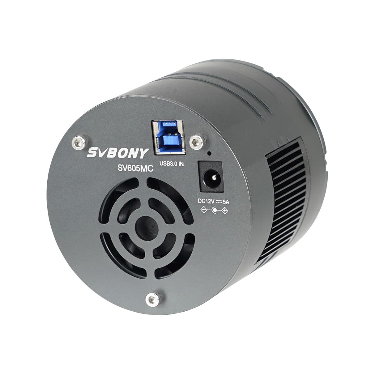 SVBONY SV605CC cooled one shot colour astrophotography camera rear view showing USB 3.0 data port, 12V power input and integrated cooling fan
