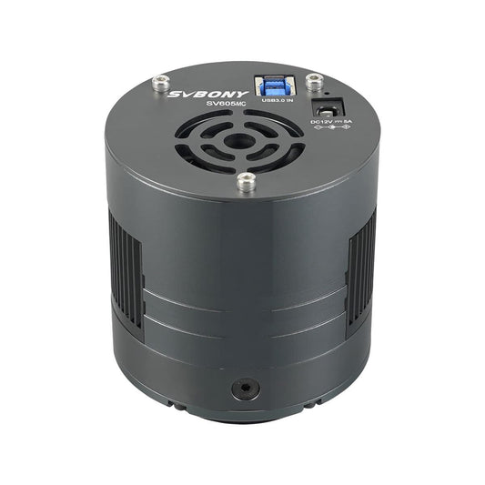 SVBONY SV605CC cooled one shot colour astrophotography camera top view showing USB 3.0 connection, 12V power input and rear cooling fan assembly
