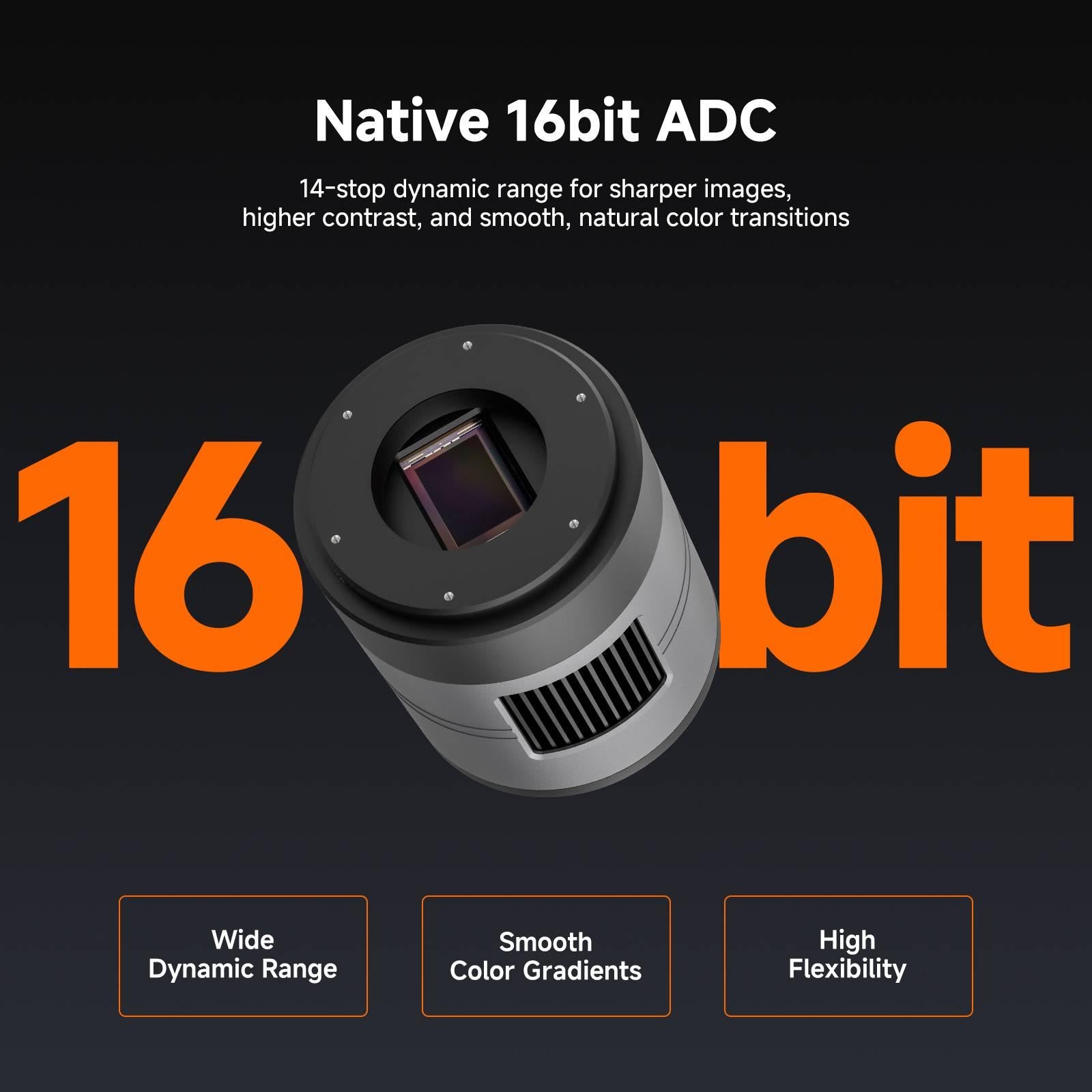 SVBONY SC571CC astronomy camera featuring native 16-bit ADC for wide dynamic range and smooth color gradients
