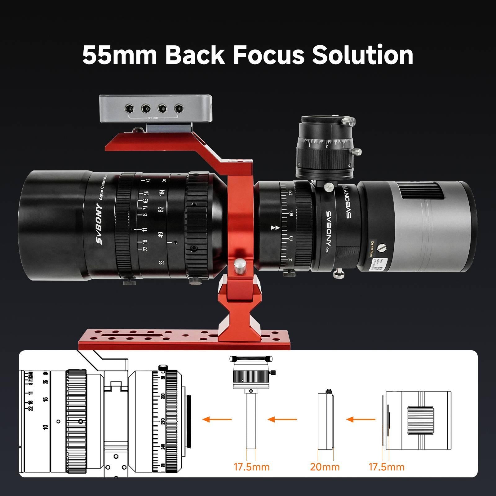 SVBONY SC571CC camera 55mm back focus configuration showing spacers and optical train layout for astrophotography
