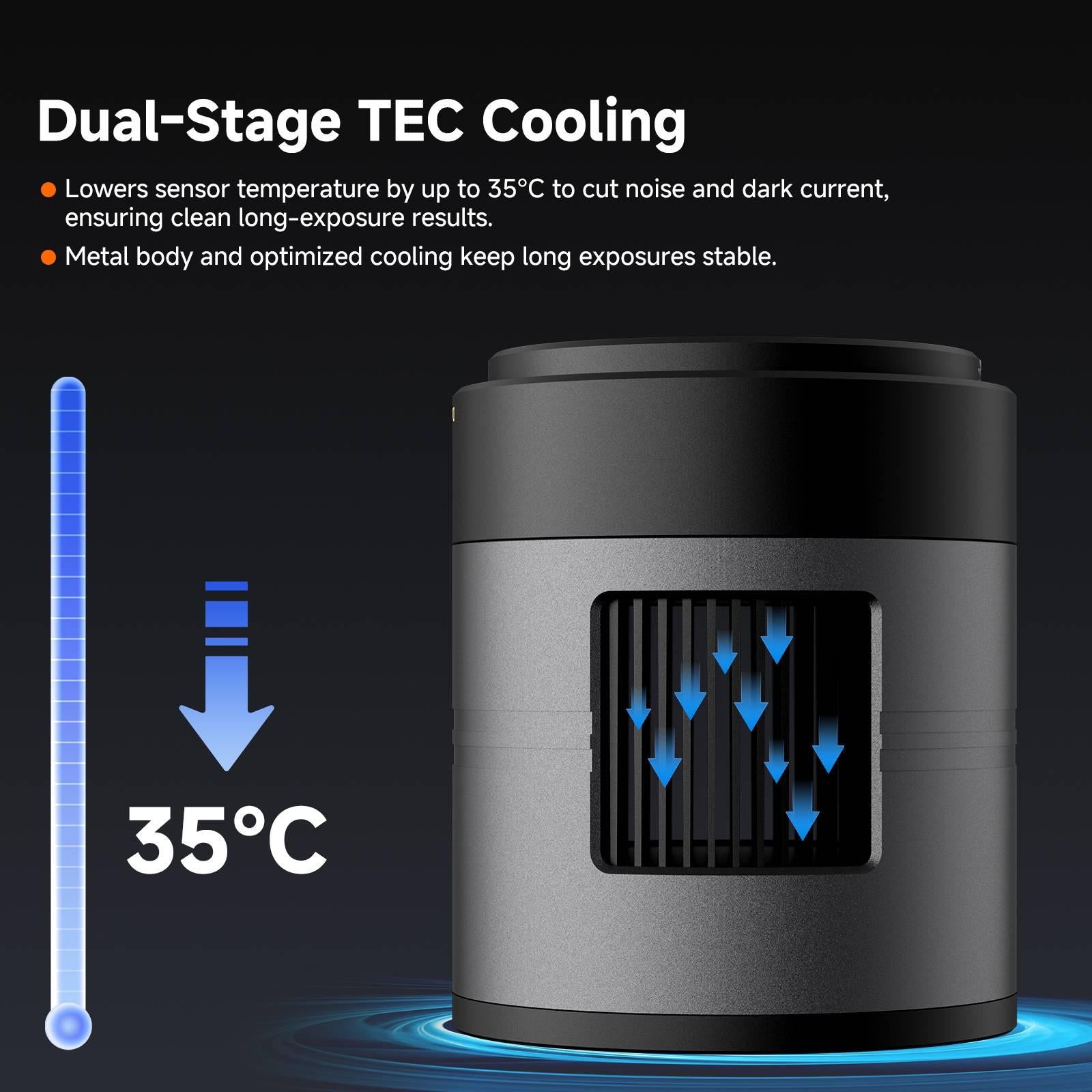 SVBONY SC571CC dual-stage TEC cooling system reducing sensor temperature by up to 35°C for low-noise astrophotography
