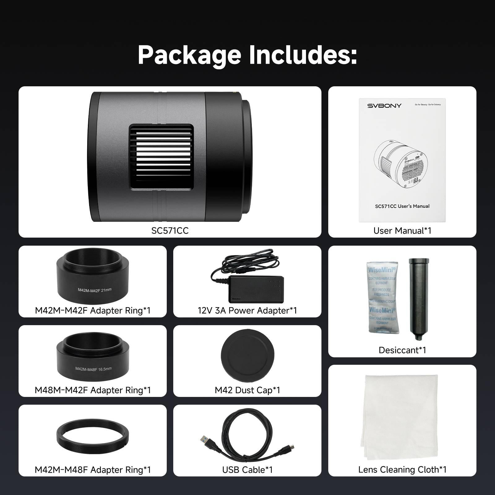 SVBONY SC571CC package contents including camera body, adapter rings, power supply, USB cable, desiccant, dust cap, and user manual
