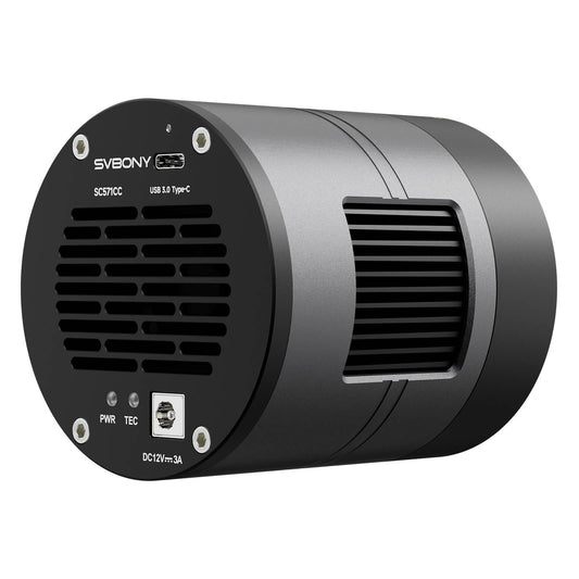 SVBONY SC571CC cooled astronomy camera rear view showing USB 3.0 Type-C port, DC power input, and ventilation slots
