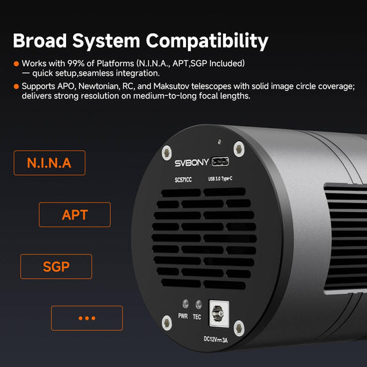 SVBONY SC571CC astronomy camera showing broad software compatibility with N.I.N.A, APT, and SGP imaging platforms
