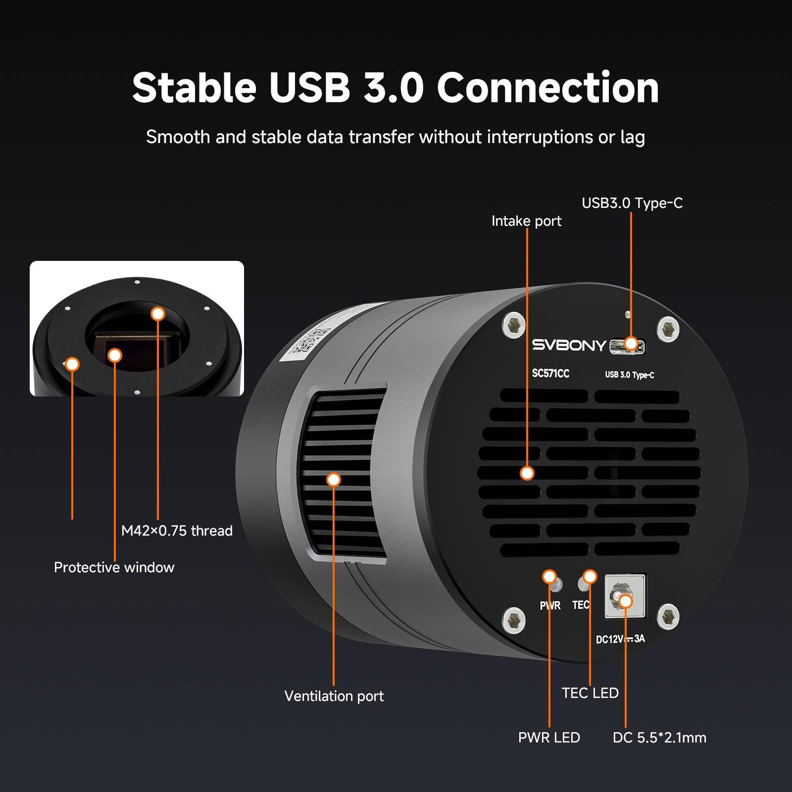 SVBONY SC571CC astronomy camera showing USB 3.0 Type-C connection, power input, cooling ports, and M42 mounting thread
