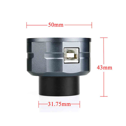 SVBONY SV105 planetary camera dimensions diagram showing body size and USB port
