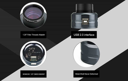 SVBONY SV105 planetary camera features showing 1.25 inch filter adapter, USB 2.0 interface, CMOS sensor and metal housing
